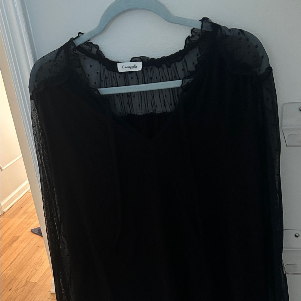 Loveappella Black Sheer Polka Dot Yoke Top